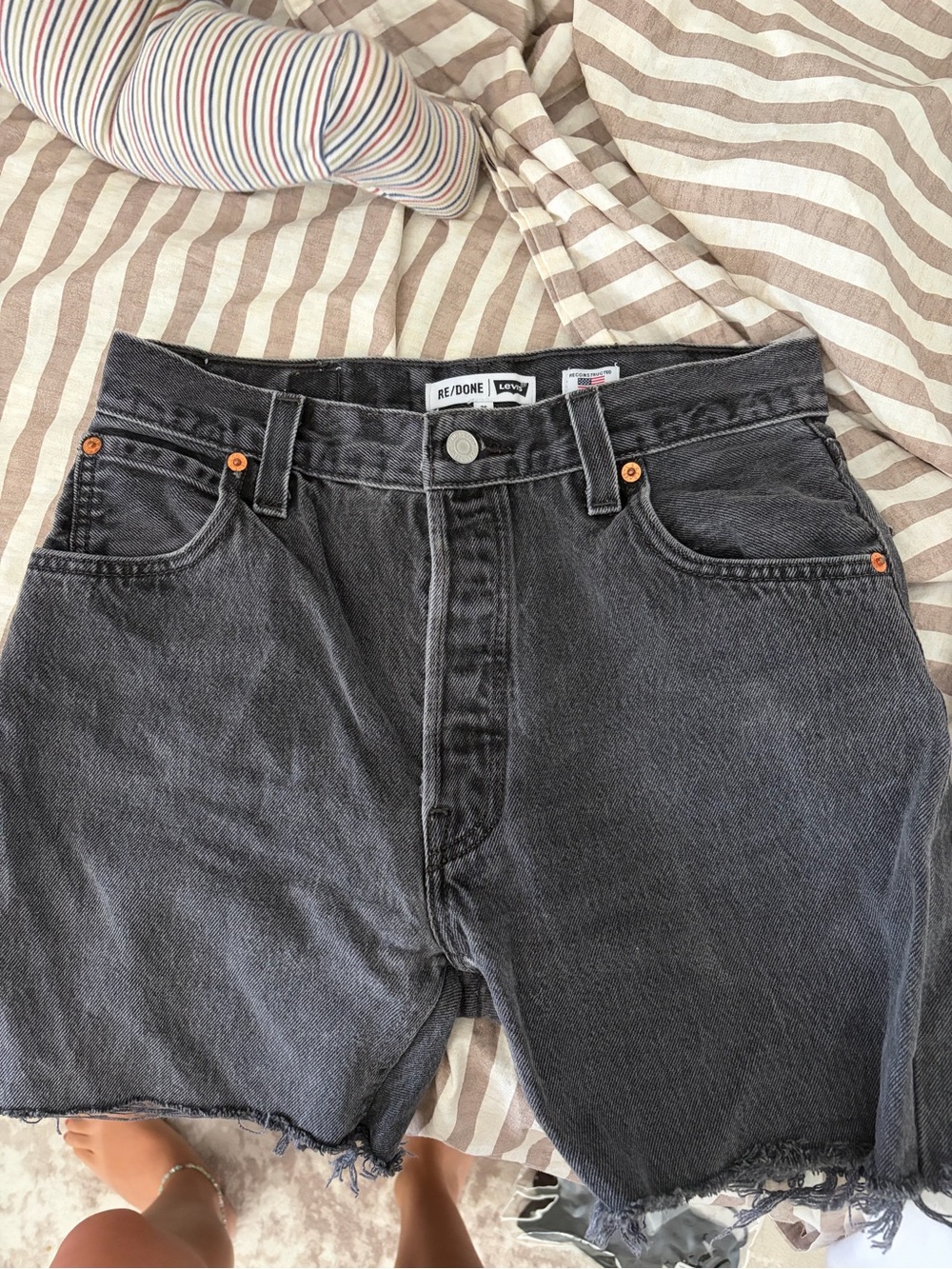 Re/Done Washed Black High-Waist Denim Shorts